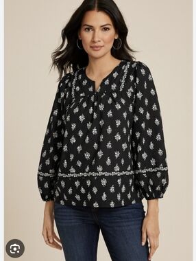Maurices XL Black Floral Print Peasant Blouse - Women's Top